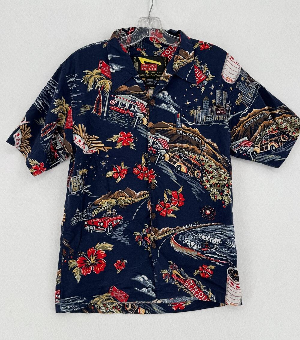 Vintage In-N-Out Burger Mens Blue Tropical California Print Camp Shirt Sz XS